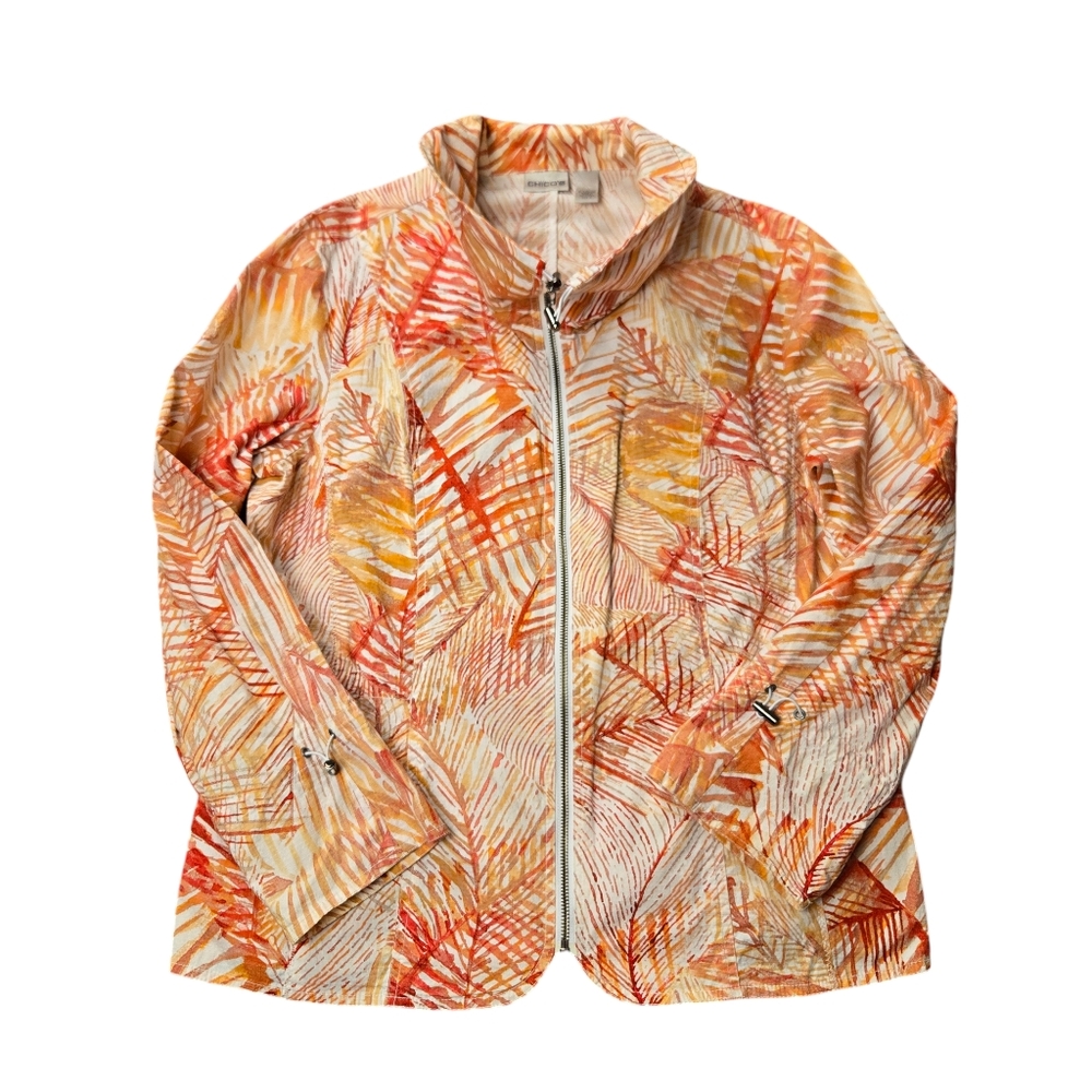 Chico's 3/US XL/16‎ Orange White Front Zip Funnel Collar Cinch Waist Jacket